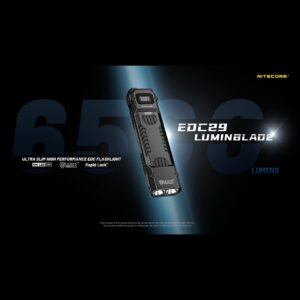 Imagen oficial de la Nitecore EDC29 LUMINBLADE de 6.500 lúmenes con los logos UHi LED, LUMIN SHIELD y Rapid Lock