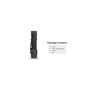 Contenido de la caja de la Nitecore EDC33: linterna, cable de carga USB-C, cordón y clip