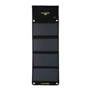Panel solar plegable Nitecore FSP30 desplegado: cuatro paneles solares, solapa superior con bolsillo y argollas metálicas en las esquinas
