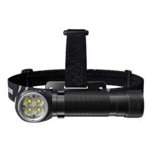 Frontal Nitecore HC35 con cuatro LED y cinta elástica negra, vista frontal