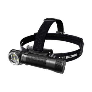 Frontal Nitecore HC35 en vista de tres cuartos con la cinta negra y el logotipo NITECORE