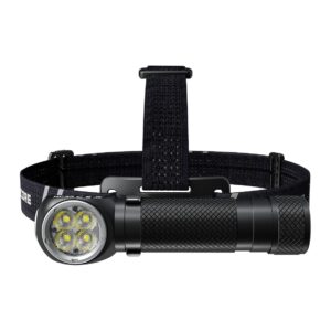 Linterna frontal Nitecore HC35 con cuatro LED, montada en su soporte y cinta negra, vista frontal