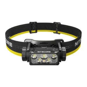 Frontal Nitecore HC60 UHE vista de frente, con soporte y cinta para la cabeza negra y amarilla