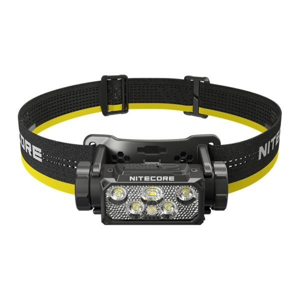 Frontal Nitecore HC60 UHE vista de frente, con soporte y cinta para la cabeza negra y amarilla