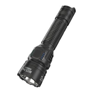 Linterna Nitecore MH25 Pro negra sobre fondo blanco, con el botón Mode y los indicadores en el cabezal