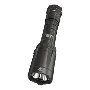 Linterna táctica Nitecore SRT7i negra con anillo de control, vista en diagonal con el cabezal abajo