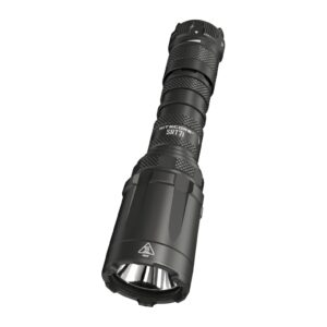 Linterna táctica Nitecore SRT7i negra con anillo de control, vista en diagonal con el cabezal abajo