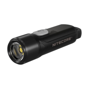 Linterna compacta Nitecore TIKI LE negra con el logotipo NITECORE, vista en diagonal