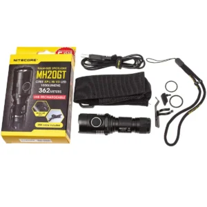 Caja de la Nitecore MH20GT con la linterna, cable USB, funda, clip, cordón, tapa de puerto y juntas tóricas