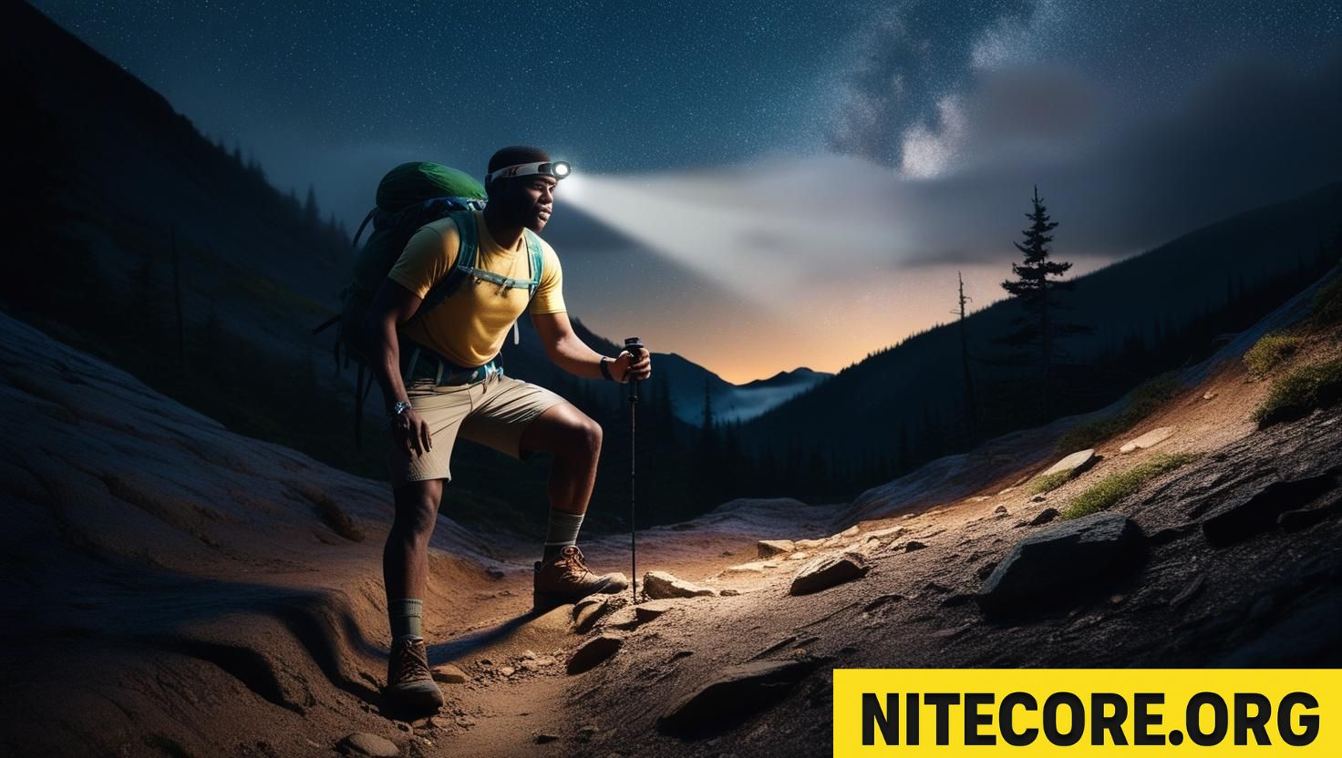 Ruta nocturna por bosque con linterna frontal Nitecore encendida