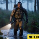 Cazador cruzando arroyo con linterna Nitecore resistente al agua