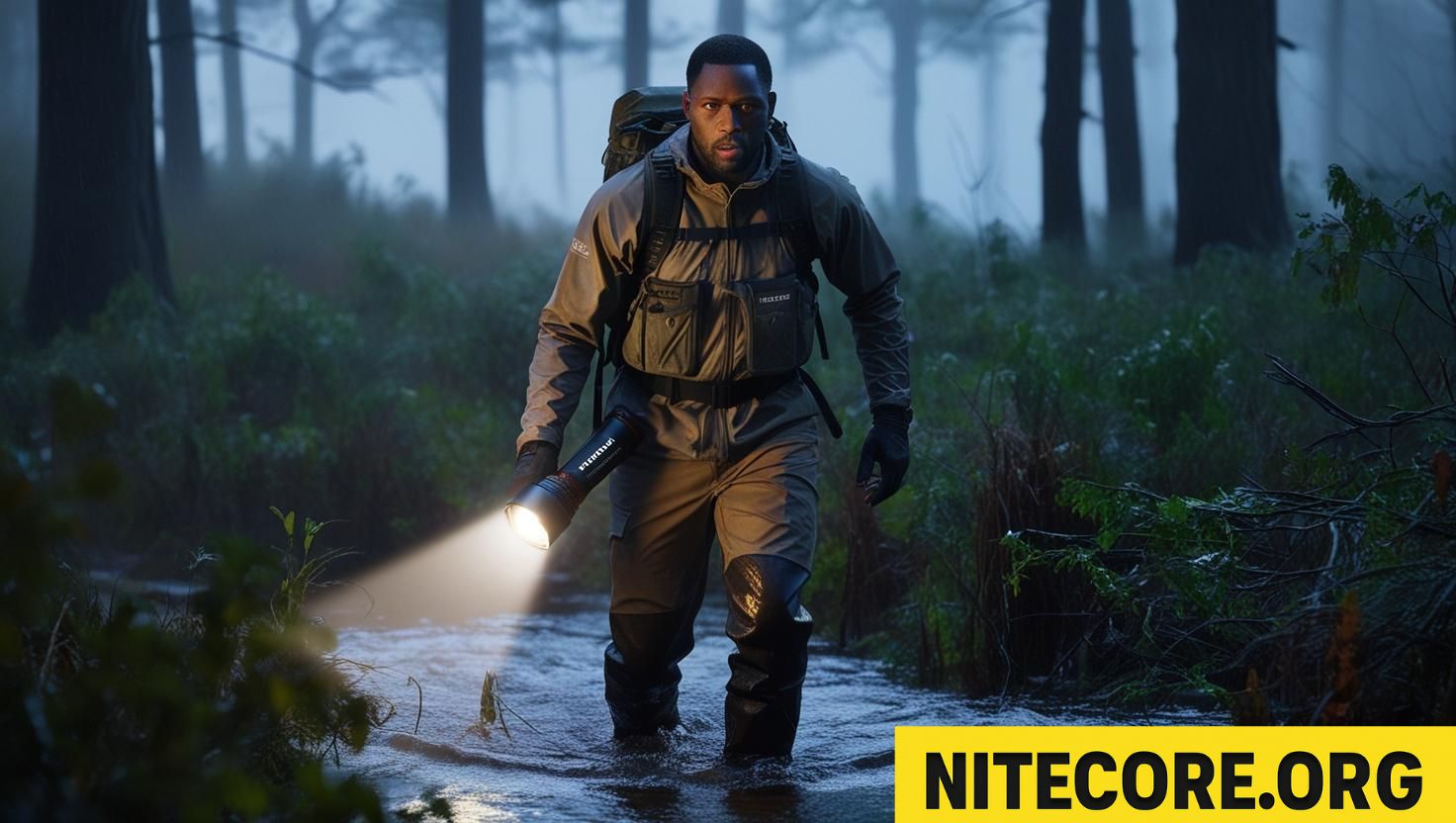 Cazador cruzando arroyo con linterna Nitecore resistente al agua
