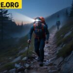 Senderista con linterna Nitecore iluminando un camino de montaña por la noche