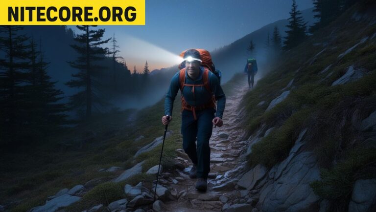 Senderista con linterna Nitecore iluminando un camino de montaña por la noche