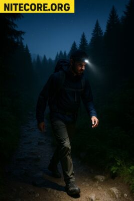 Excursionista caminando al anochecer entre niebla con linterna Nitecore