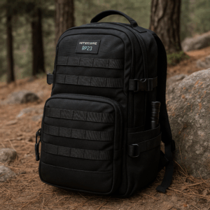 Mochila táctica Nitecore BP23 apoyada en roca