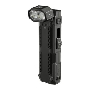 Linterna Nitecore EDC09 vista de frente con el cabezal girado en ángulo recto, los dos LED, el botón M, el interruptor deslizante y la tapa del puerto USB-C