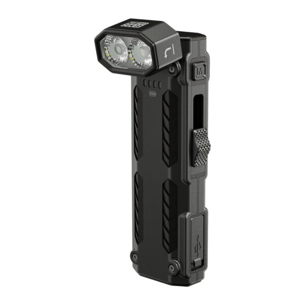 Linterna Nitecore EDC09 vista de frente con el cabezal girado en ángulo recto, los dos LED, el botón M, el interruptor deslizante y la tapa del puerto USB-C