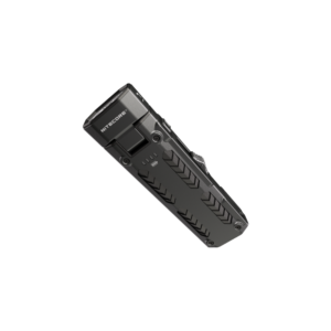 Linterna Nitecore EDC09 en diagonal con el lateral estriado y el logotipo NITECORE