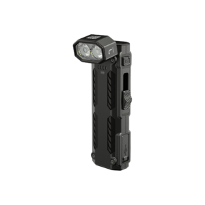 Linterna Nitecore EDC09 en posición vertical con el cabezal girado, los indicadores de batería y el interruptor deslizante