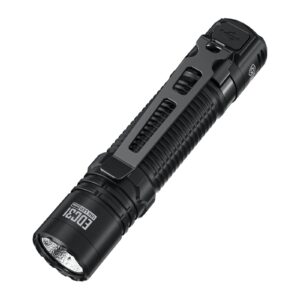Linterna Nitecore EDC31 negra con el clip montado, vista en diagonal con el cabezal y la tapa del puerto USB-C