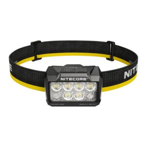 Frontal Nitecore HA25 UHE vista de frente, con sus LED y la cinta negra y amarilla