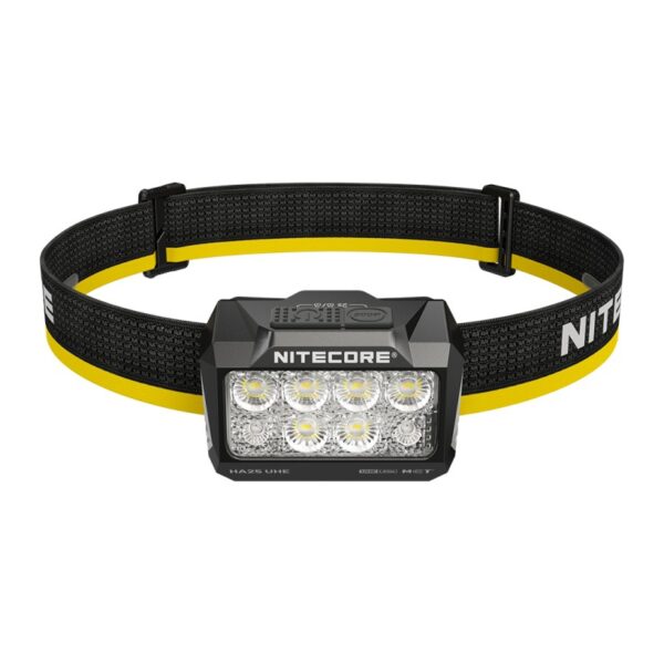 Frontal Nitecore HA25 UHE vista de frente, con sus LED y la cinta negra y amarilla