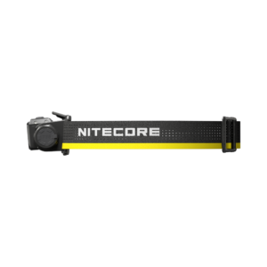 Frontal Nitecore HC75 UHE vista de lado, con el cabezal en un extremo y la cinta negra y amarilla con el logotipo NITECORE