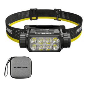 Frontal recargable Nitecore HC75 UHE con cinta negra y amarilla y su estuche de transporte incluido