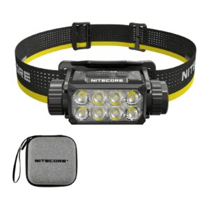 Frontal Nitecore HC75 UHE con cinta negra y amarilla, cabezal de ocho lentes y el estuche gris de transporte que incluye la caja