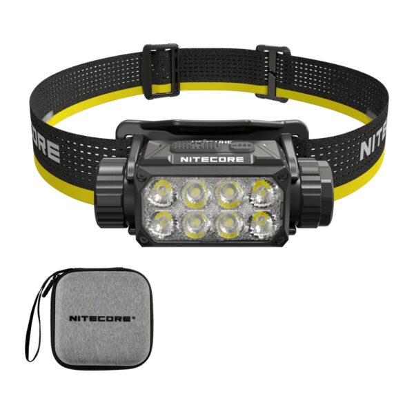 Frontal Nitecore HC75 UHE con cinta negra y amarilla, cabezal de ocho lentes y el estuche gris de transporte que incluye la caja