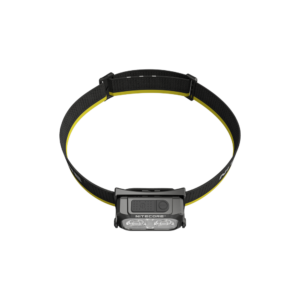 Frontal Nitecore NU25 MCT con cinta plana negra y amarilla, vista superior