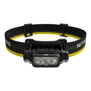 Frontal recargable Nitecore NU43 con cinta negra y amarilla, vista frontal