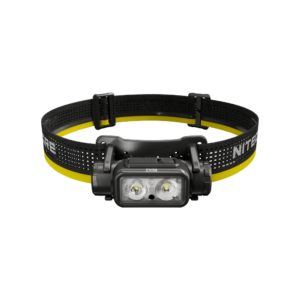 Frontal Nitecore NU43 con la cinta negra y amarilla, vista frontal a menor escala