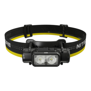 Frontal recargable Nitecore NU53 con cinta negra y amarilla, vista frontal
