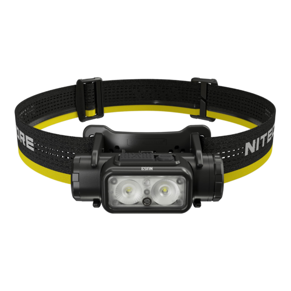 Frontal recargable Nitecore NU53 con cinta negra y amarilla, vista frontal