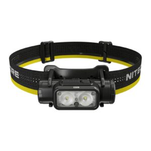Frontal Nitecore NU53 vista de frente, con el soporte y la cinta negra y amarilla con el logotipo NITECORE