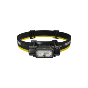 Frontal Nitecore NU53 con la cinta negra y amarilla, vista frontal a menor escala