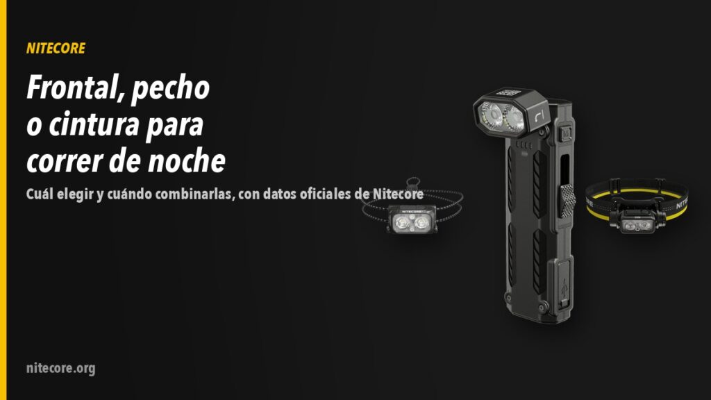 Frontal, linterna de pecho o de cintura para correr de noche: cuál elegir y cuándo combinarlas 1 Linternas Nitecore NU25 MCT, EDC09, NU43 sobre fondo oscuro