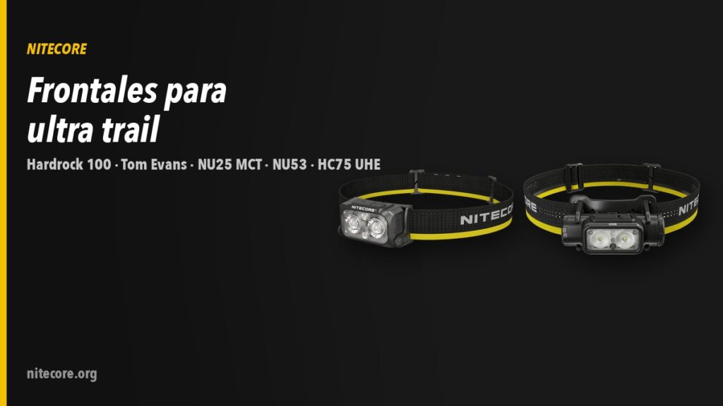 Frontales Nitecore NU25 MCT, NU53 y HC75 UHE sobre fondo oscuro