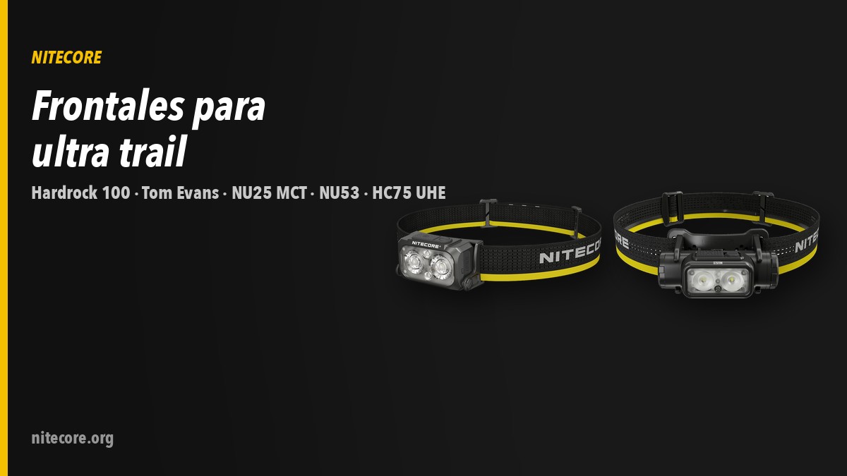 Frontales Nitecore NU25 MCT, NU53 y HC75 UHE sobre fondo oscuro