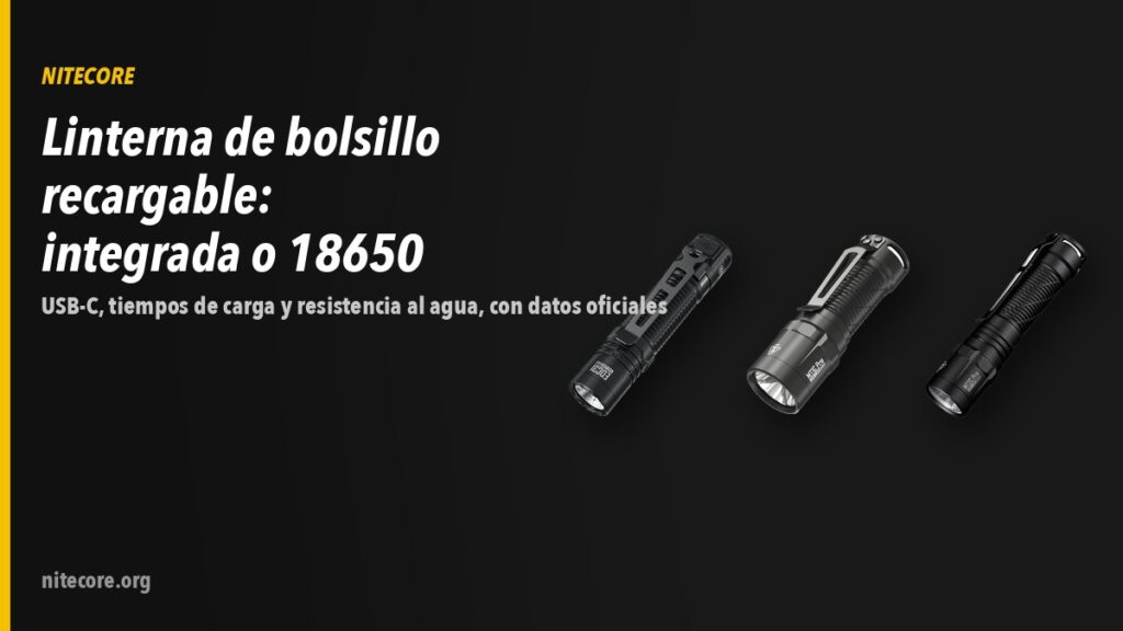 Linterna de bolsillo recargable: cómo elegirla (batería integrada o 18650, USB-C y resistencia al agua) 3 Linternas Nitecore EDC31, MT1C PRO, MT2C PRO sobre fondo oscuro