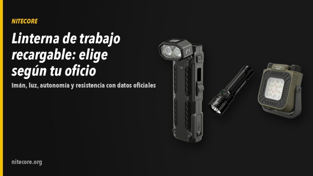 Linterna de trabajo recargable: cómo elegirla según tu oficio 10 Linternas Nitecore EDC09, EX7, NWL30 sobre fondo oscuro