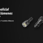 Linterna policial potente: ¿más lúmenes o más alcance? Cómo leer la ficha con 7 modelos Nitecore 3 Linternas Nitecore TM9KPRO, P20IX, MT2C PRO sobre fondo oscuro