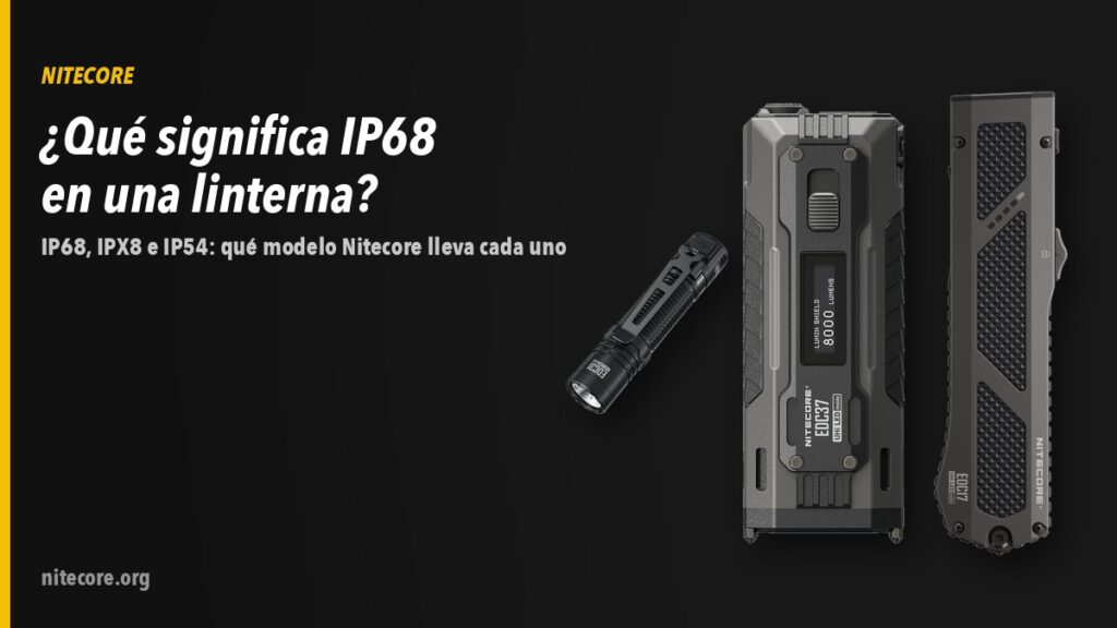 ¿Qué significa IP68 en una linterna? IP68, IPX8 e IP54 y qué modelos Nitecore los llevan 5 Linternas Nitecore EDC31, EDC37, EDC17 EU sobre fondo oscuro