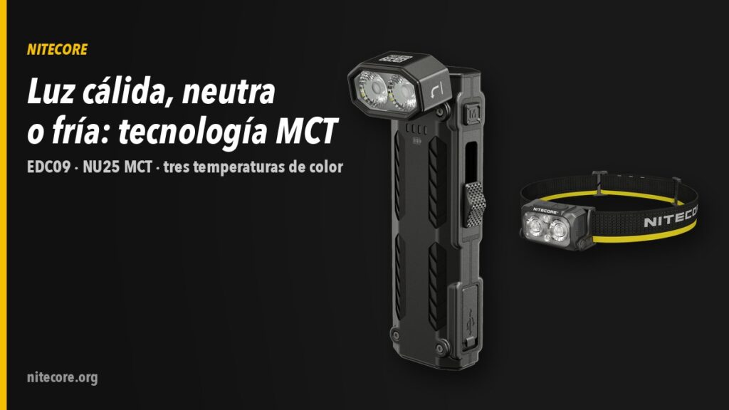 Luz cálida, neutra o fría: qué es la tecnología MCT de Nitecore y cuándo usar cada una 1 Linterna Nitecore EDC09 y frontal NU25 MCT sobre fondo oscuro