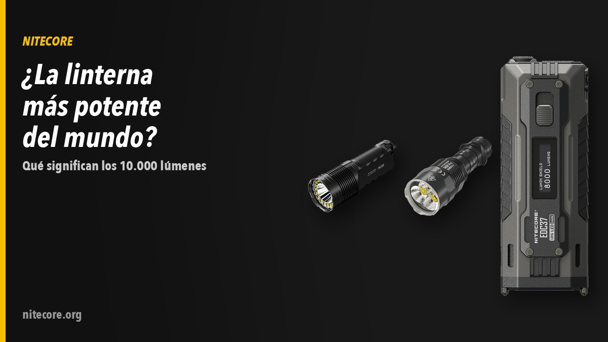 Linternas Nitecore TM20K, TM9KPRO, EDC37 sobre fondo oscuro