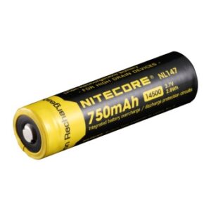 Batería recargable Nitecore NL147 14500 de 750 mAh y 3,7 V, negra y amarilla, con el rótulo del modelo