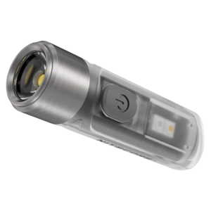 Nitecore TIKI vista desde el lado del pulsador, con los dos LED auxiliares visibles a través del cuerpo translúcido